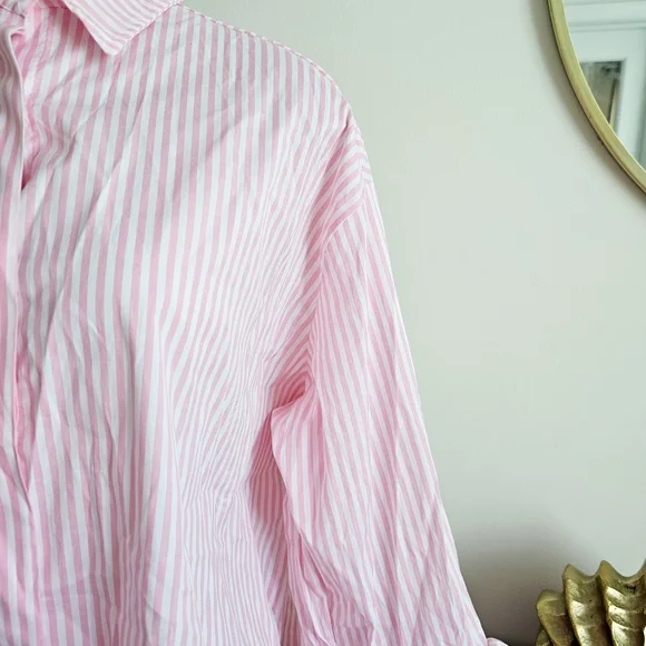 Italian 100% Cotton By Coco Pink White Striped Ruffle Button Up Shirt Size L/XXL - Picture 5 of 15
